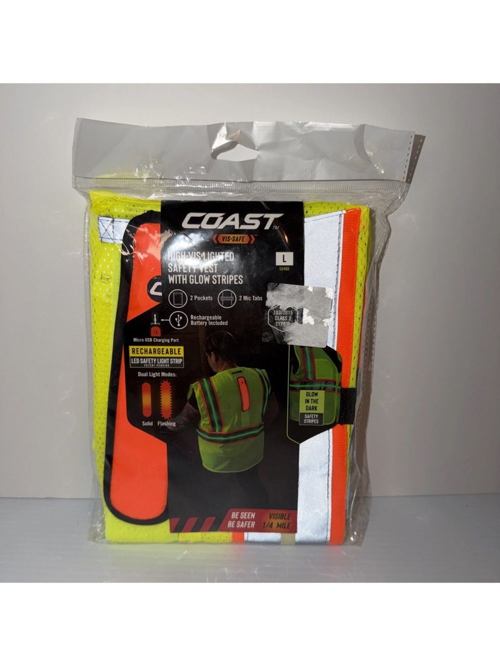 Coast SV400 High-Vis Lighted Safety Stripes Vest Glow In The Dark Size Large